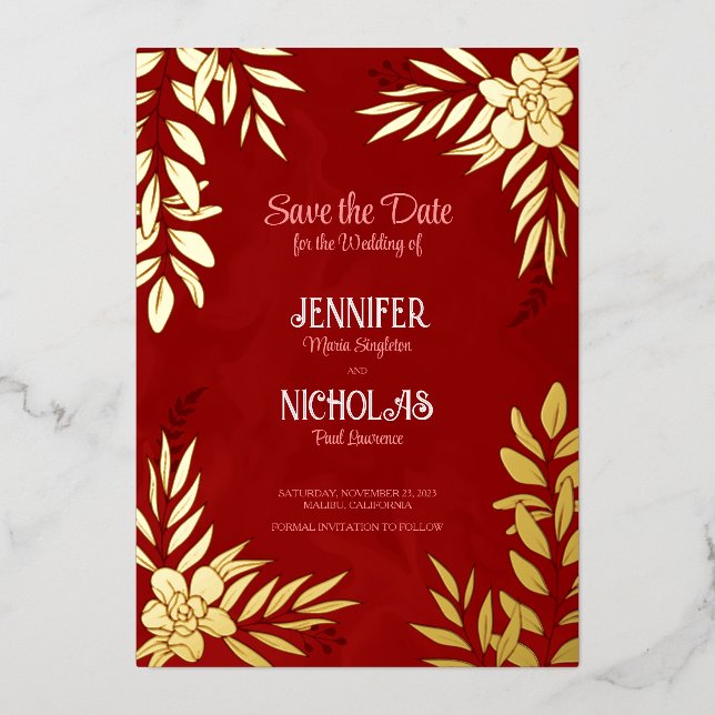 Elegante Blume und Blätter für Hochzeiten Folieneinladung (Vorderseite)