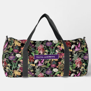 Elegante Blume und Blätter schwarz blumengeschmück Duffle Bag