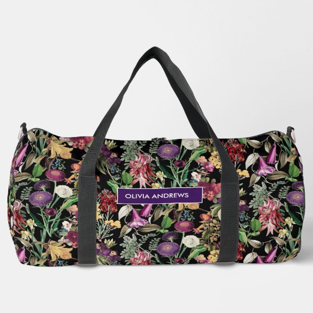 Elegante Blume und Blätter schwarz blumengeschmück Duffle Bag (Vorderseite)