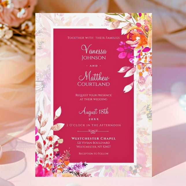 Elegante Blume Wasserfarbe Rosa und orange Hochzei Einladung (Pink and Orange Elegant Watercolor Floral Wedding Invitation)