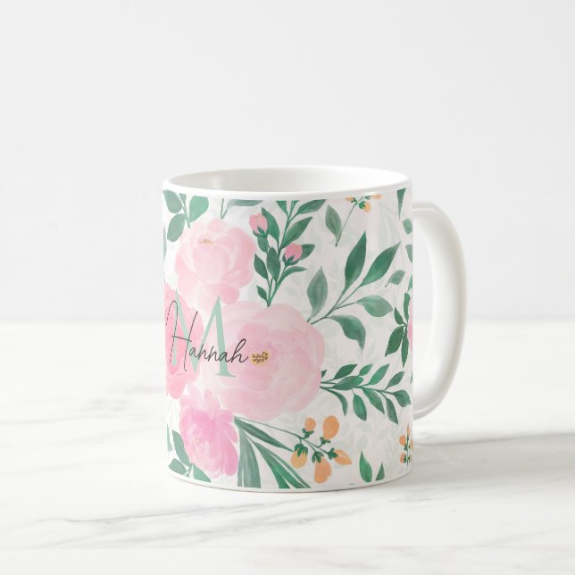 Elegante Blume Weiß Rosa Wasserfarben Kaffeetasse (VorderseiteRechts)