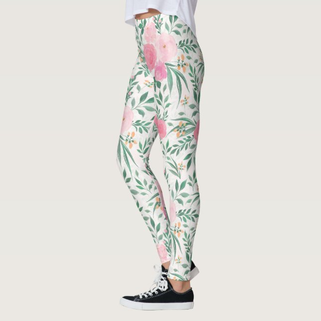 Elegante Blume Weiß Rosa Wasserfarben Leggings (Links)