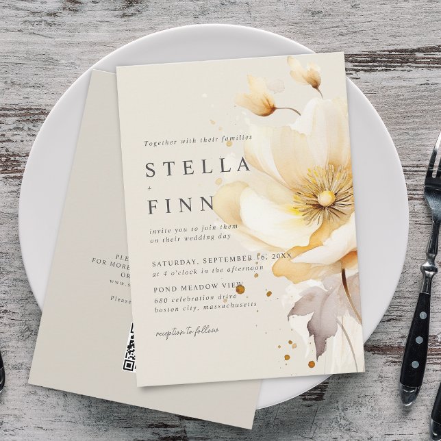 Elegante Blume White Yellow Gold QR Code Hochzeit Einladung (Elegant Flowers White Yellow Gold QR Code Wedding Invitation)
