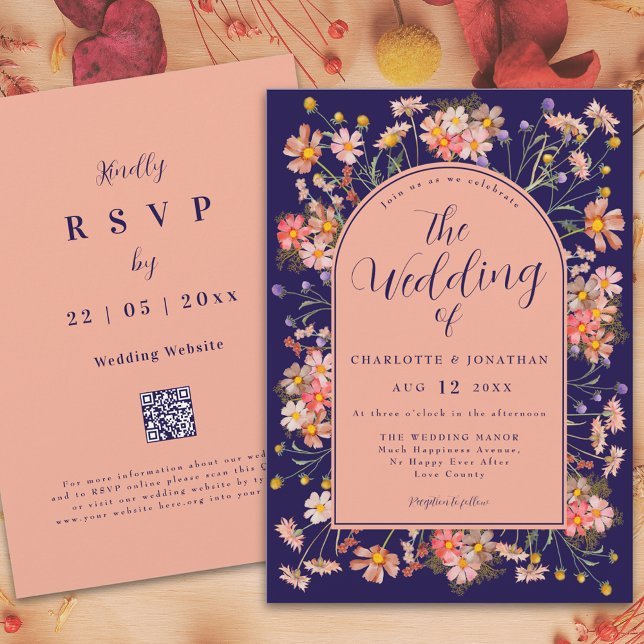 Elegante Blumen Arch Navy Blaue Hochzeit im Herbst Einladung (Elegant floral arch navy blue peach fall wedding invitation watercolor wildflowers stylish script)