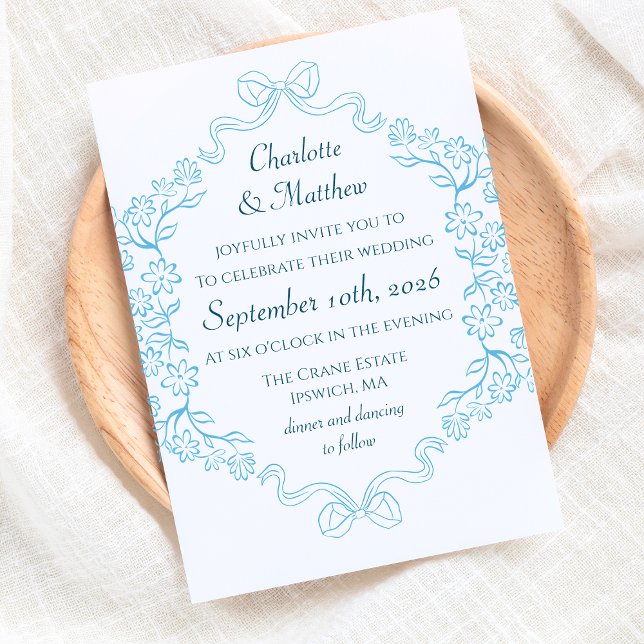 Elegante Blumen & Bow Illustration Blaue Hochzeit Einladung (Elegant blue floral wedding invitations with classic charm. Customize your formal wedding invite.)