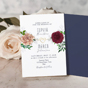 Elegante Blumen Burgund Navy Blue Wedding Einladung
