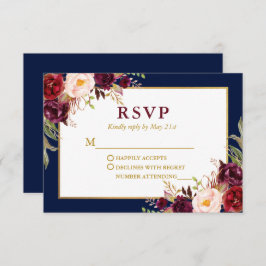 Elegante Blumen Burgundy Blue Gold Wedding RSVP Karte