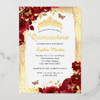 Elegante Blumen Butterfly Gold Red Quinceanera Folieneinladung