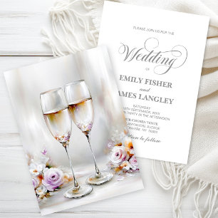 Elegante Blumen Champagner Gläser Hochzeit Einladung
