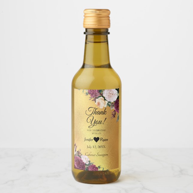 Elegante Blumen Danke Mini Wein Flasche Etikett (Vorderseite)