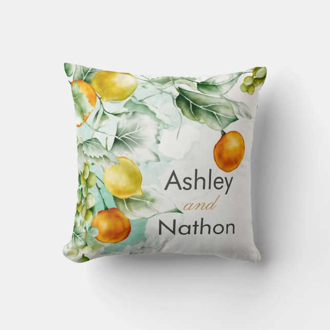 Elegante Blumen & Früchte Wasserfarben Hochzeit im Kissen (Vorderseite)