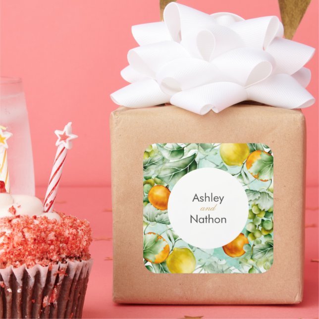 Elegante Blumen & Früchte Wasserfarben Hochzeit im Quadratischer Aufkleber (Party)