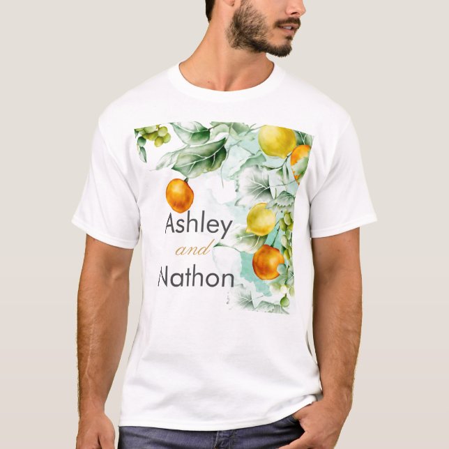 Elegante Blumen & Früchte Wasserfarben Hochzeit im T-Shirt (Vorderseite)