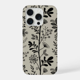 Elegante Blumen-Garten-Träumerei Schwarz und Beige iPhone 15 Pro Hülle