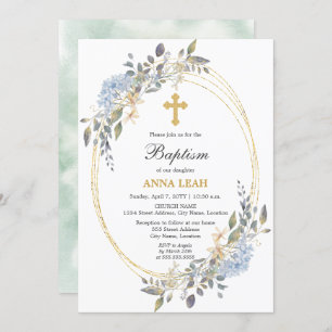 Elegante Blumen-Gold-Cross-Taufe Einladung