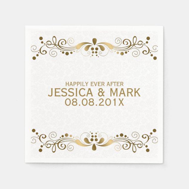 Elegante Blumen-Gold-Spitzen mit weißen Damasken 2 Serviette (Vorderseite)