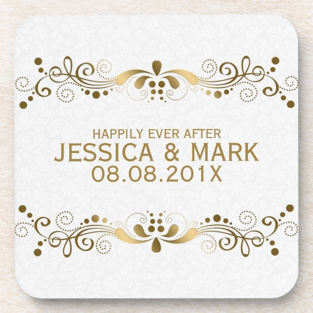 Elegante Blumen-Gold-Spitzen mit weißen Damasken 2 Untersetzer (Vorderseite)