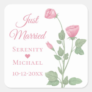 Elegante Blumen Hochzeit Gerade Verheiratet Rosa B Quadratischer Aufkleber