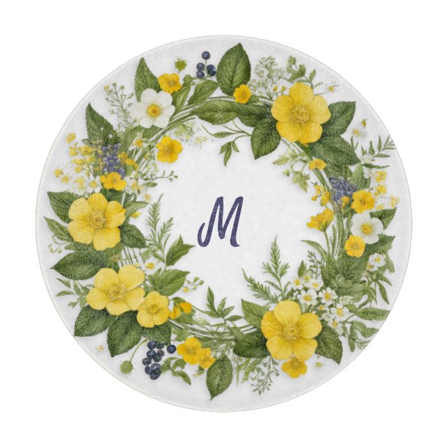 Elegante Blumen Hübsche Mit Monogramm Frühlingsblu Schneidebrett (Vorderseite)