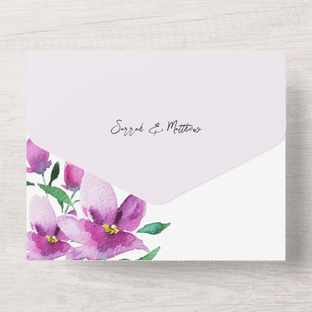 Elegante Blumen in Lilac und Rosa All In One Einladung (Rückseite)
