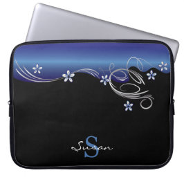 Elegante Blumen in Sapphire Blau und Schwarz Laptopschutzhülle