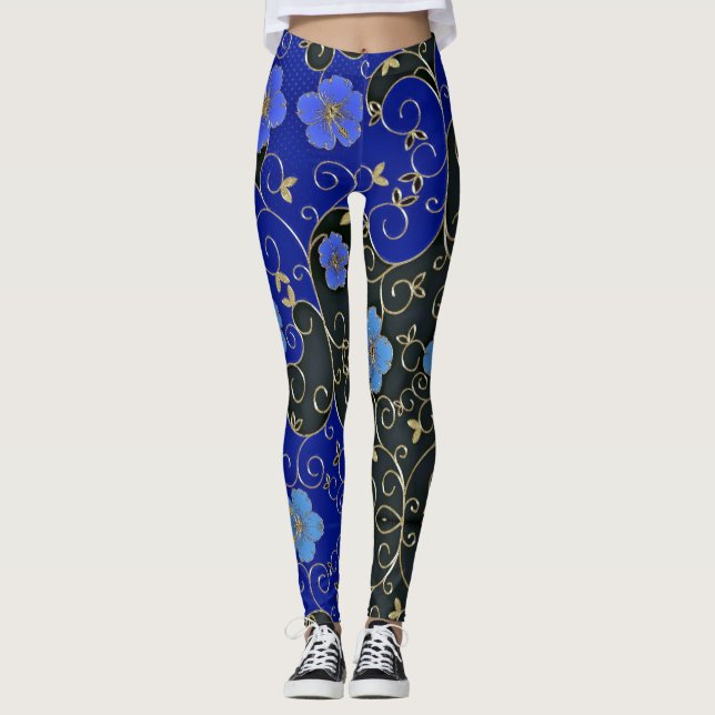 Elegante Blumen mit goldenen Blätter und Wirbel Leggings (Vorderseite)