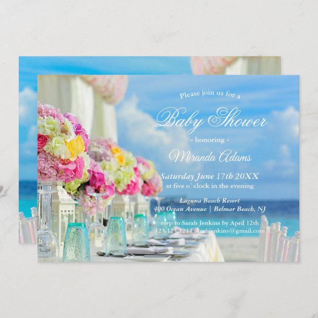 Elegante Blumen Ocean Beach Baby Dusche Einladung (Vorne/Hinten)