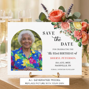 Elegante Blumen- und Foto-93. Geburtstagsfeier  Save The Date