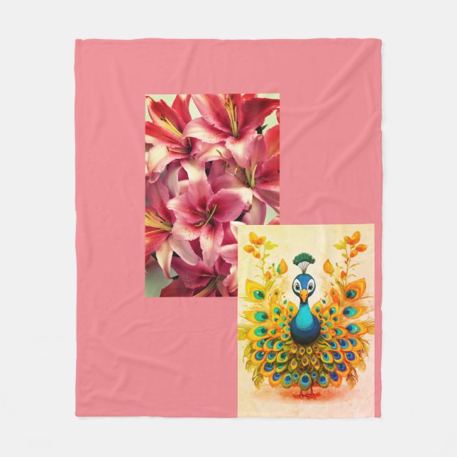 "Elegante Blumen und Pfauen Print Fleecedecke (Vorderseite)