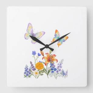 Elegante Blumen- und Schmetterlingswandkunst – Sch Quadratische Wanduhr