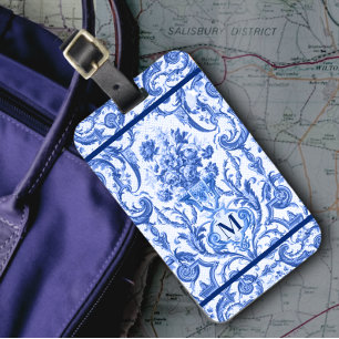 Elegante Blumen-Vase Blau Toile de Jouy Monogramm Gepäckanhänger