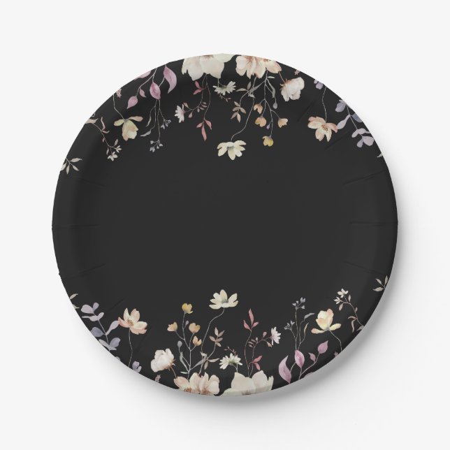 Elegante Blumen-Wildblumen Schwarze Boho-Hochzeit  Pappteller (Vorderseite)