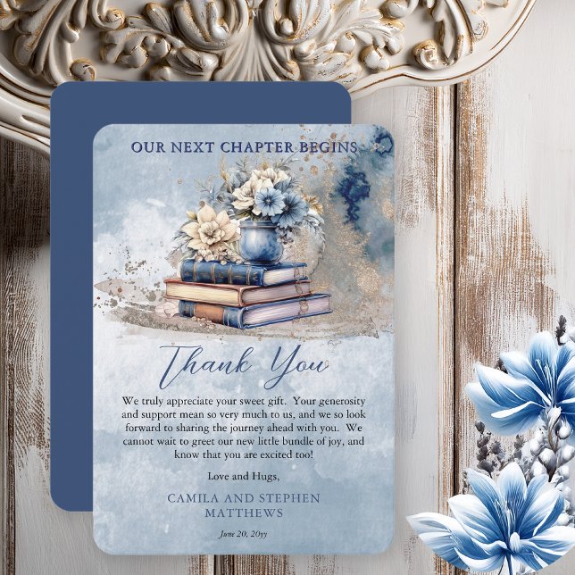 Elegante Blumenbücher unsere nächste Kapitel Kinde Dankeskarte (Rustic Vintage Look Elegance "Our Next Chapter Begins . . ."Old Books and Flowers Baby Shower Invite)