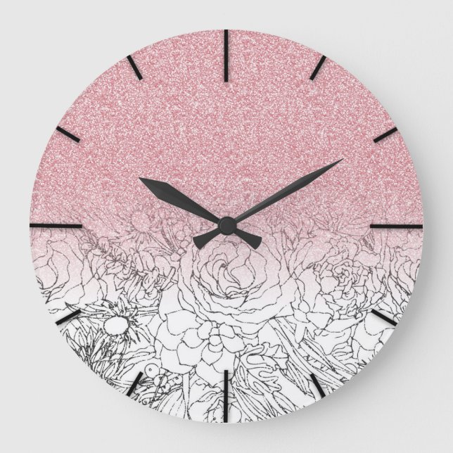 Elegante Blumendoodles Rosa Glitzer Bild Große Wanduhr (Vorderseite)