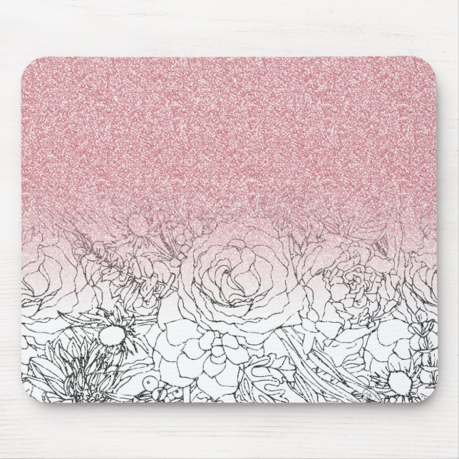 Elegante Blumendoodles Rosa Glitzer Bild Mousepad (Vorne)