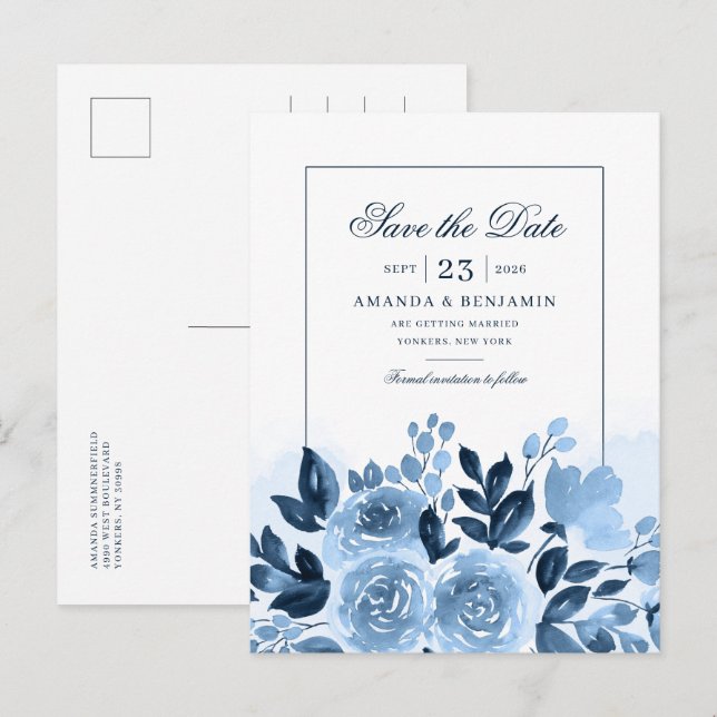Elegante Blumendusty Blue Watercolor Hochzeit Ankündigungspostkarte (Vorne/Hinten)