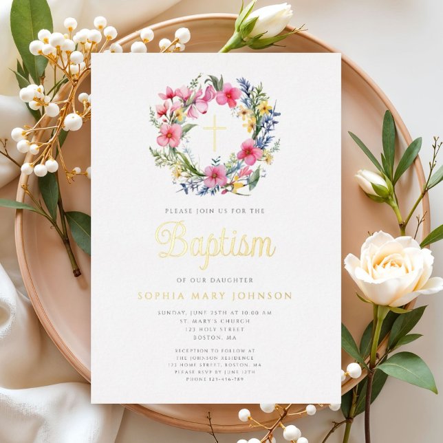 Elegante Blumengarten Taufe Gold Folieneinladung (Elegant Floral Wreath Girl Baptism Gold Foil Invitation)