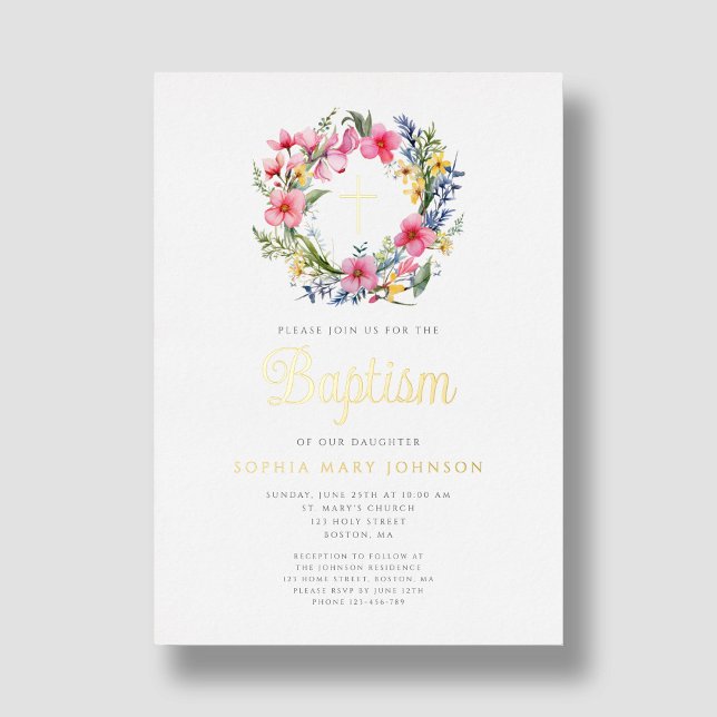 Elegante Blumengarten Taufe Gold Folieneinladung (Elegant Floral Wreath Girl Baptism Gold Foil Invitation)