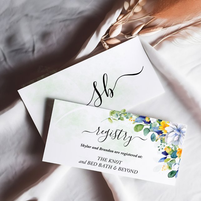 Elegante, blumengelbe blaue Hochzeit Begleitkarte (Von Creator hochgeladen)