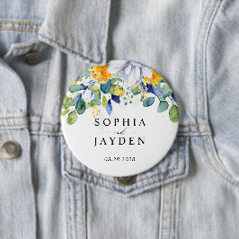 Elegante, blumengelbe blaue Hochzeit Button
