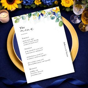 Elegante, blumengelbe blaue Hochzeit Menükarte