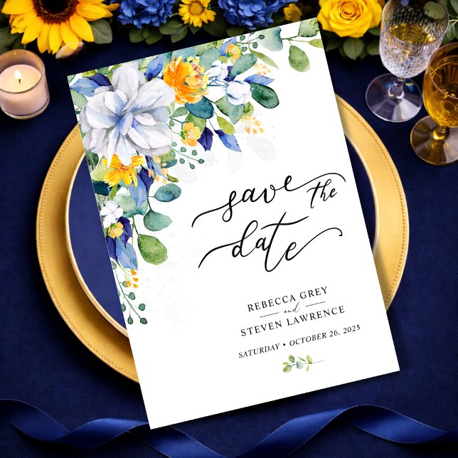 Elegante, blumengelbe blaue Hochzeit Save The Date (Von Creator hochgeladen)