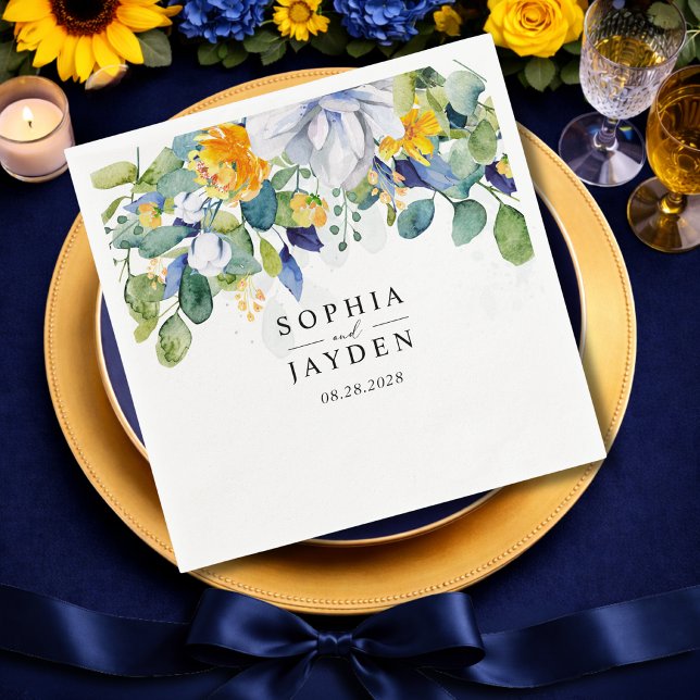 Elegante, blumengelbe blaue Hochzeit Serviette (Von Creator hochgeladen)