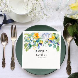 Elegante, blumengelbe blaue Hochzeit Serviette