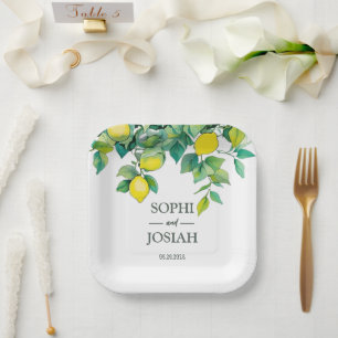 Elegante, blumengelbe Limon-blaue Hochzeit Pappteller