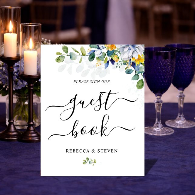 Elegante, blumengelbe, weiße Hochzeit Sockelschild (Von Creator hochgeladen)