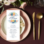 Elegante blumengeschmackvolle Macaron Hochzeit Menükarte<br><div class="desc">Dieses Kartendesign besticht durch farbenprächtige, elegante Wasserfarben-Frühlingsblumen in sanften aquamarinen, blauen, korallenfarbenen und gelben Farbtönen mit grünen Blätter auf weißem Hintergrund und einem personalisierten Menü unten. Der Text kann durch Bearbeiten der Textfelder personalisiert werden. Die Farbe auf der Rückseite des Menüs kann im Editor geändert werden. Entworfen für Sie von...</div>