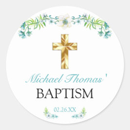 Elegante Blumengoldkreuz Taufe Runder Aufkleber
