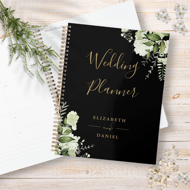 Elegante Blumengrün Schwarz und Gold Hochzeit Planer (Elegant Floral Greenery Black And Gold Wedding Planner)