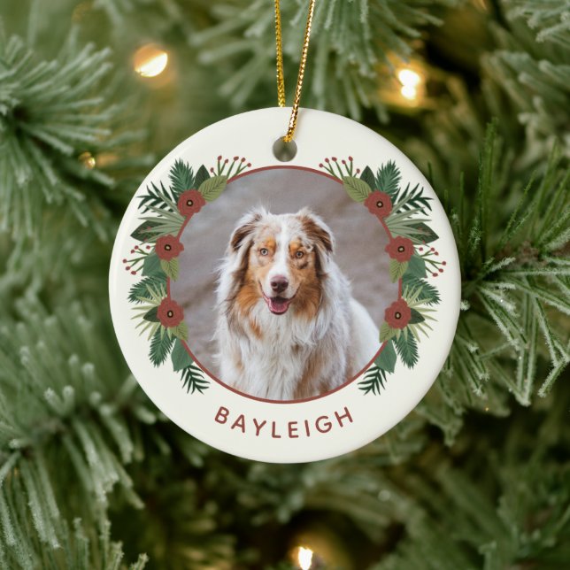 Elegante Blumengrün Weihnachten 2 Foto Haustier Keramik Ornament (Baum)